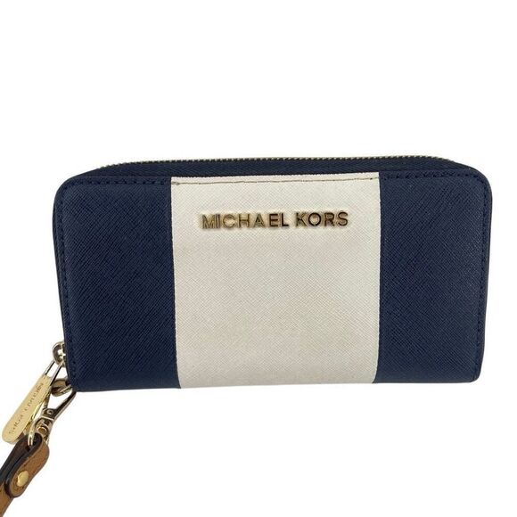 Michael Kors Jet Set Travel Continental Wallet Navy Stripe Zip Wristlet - Picture 16 of 16